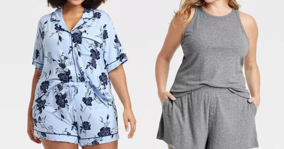 a woman wearing a floral blue printed auden pajama set and another woman wearing a grey auden pajama set