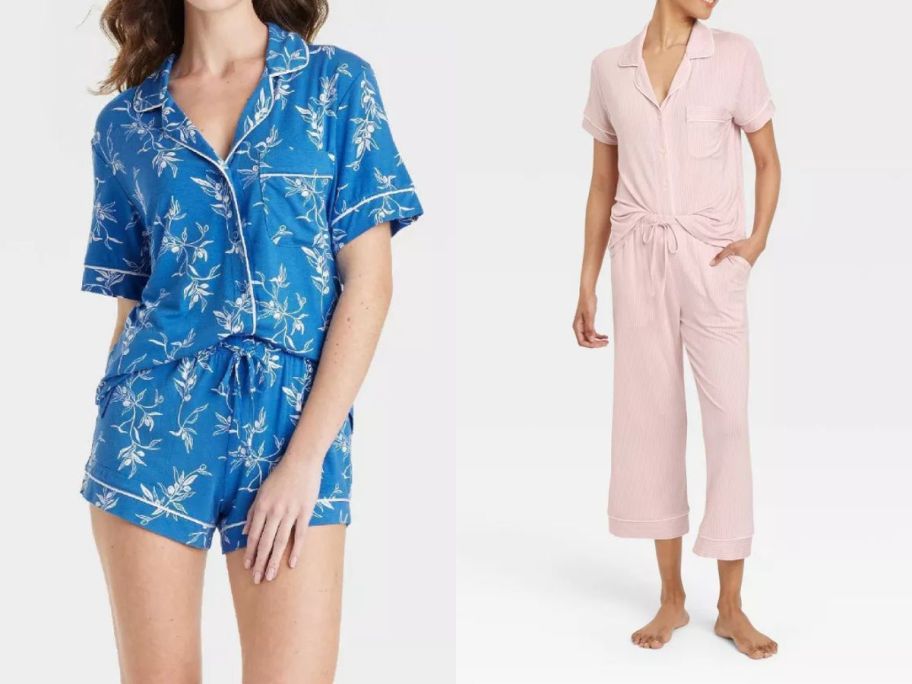 a woman wearing an auden blue printed pajama set and another woman wearing a pink auden pajama set