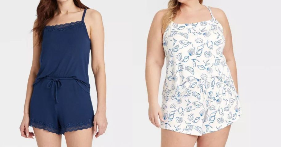 a woman wearing a blue auden pajama set and another woman wearing a printed auden pajama set