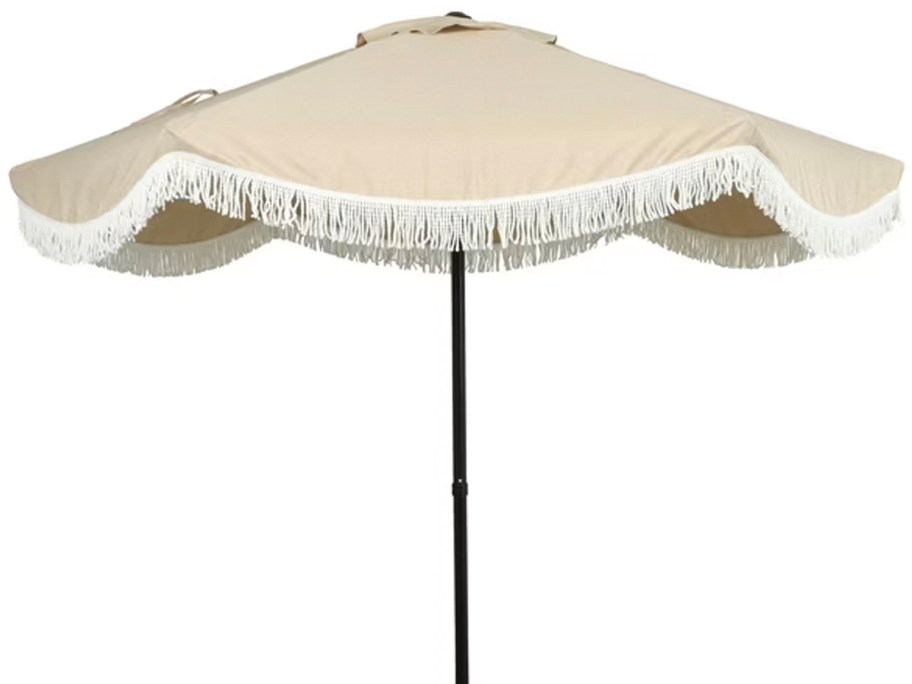 tan fringe patio umbrella open 