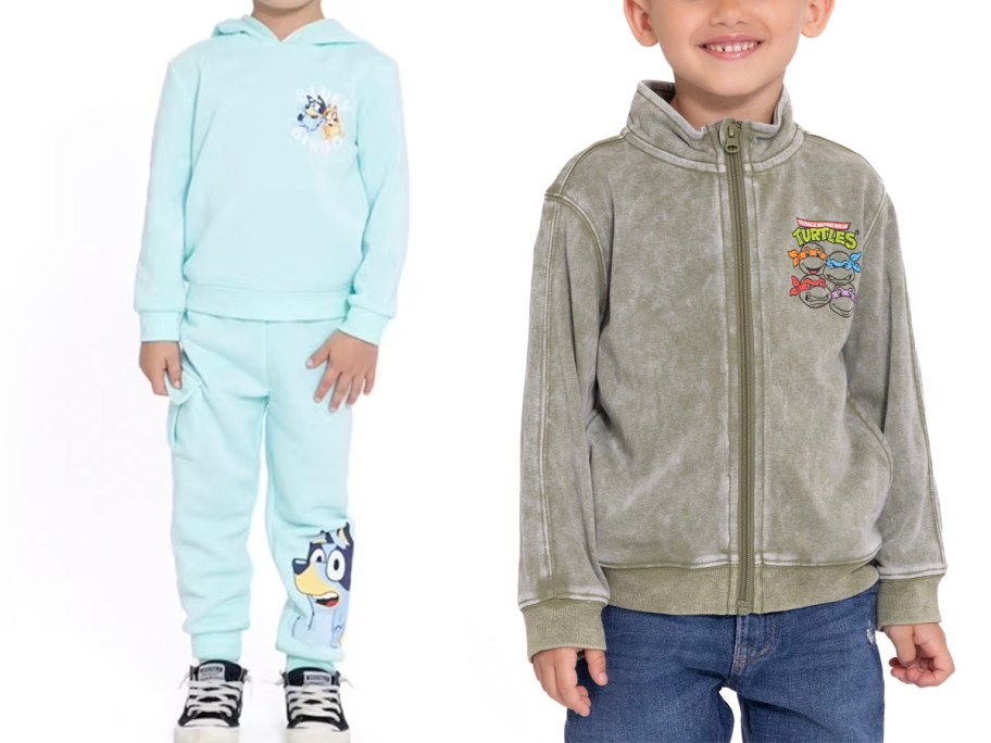 kid wearing blue bluey outfit and green tmnt jacket