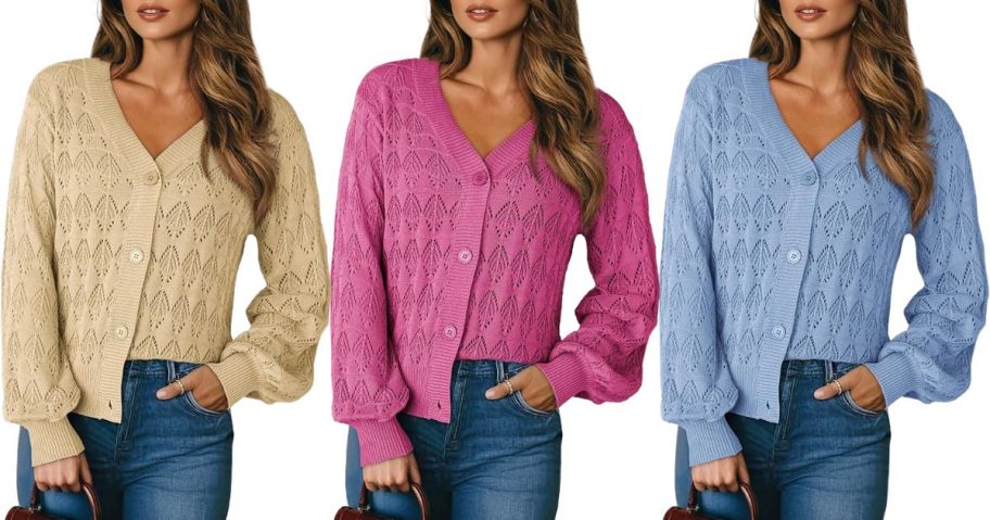 three women wearing Dokotoo Women's Cropped Cardigan Sweaters in beige, pink, and blue