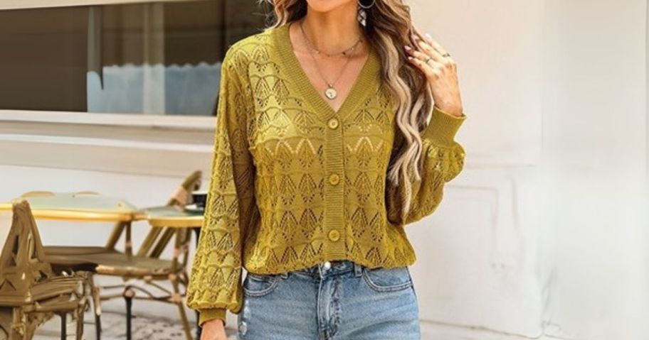 woman wearing Dokotoo Women's Cropped Cardigan Sweater in front of cafe