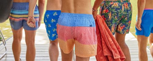a group of men on a dock wearing chubbies swim trunks
