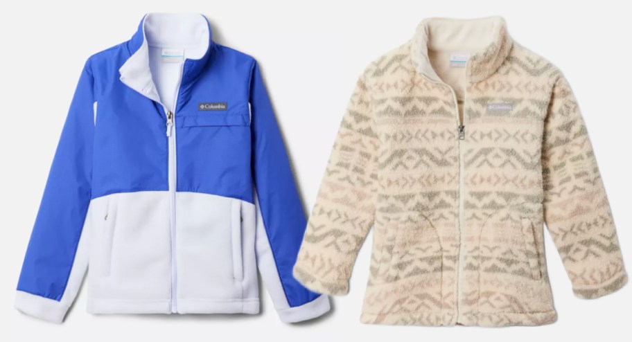 blue and tan geometric kids fleece jackets