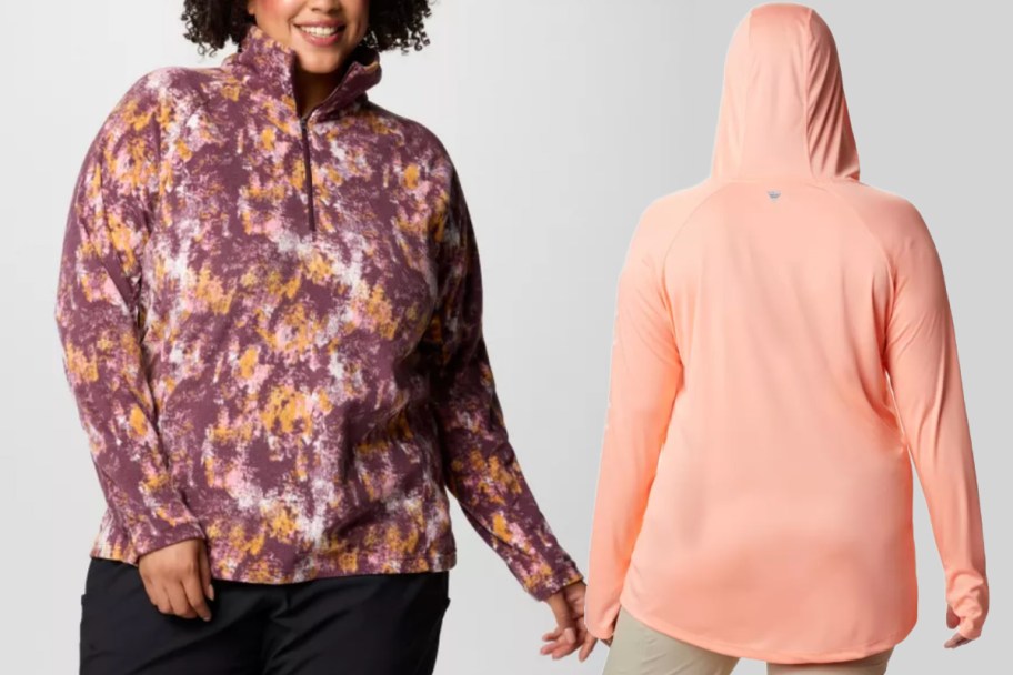 woman in pink geo half zip pullover and woman in coral hoodie facing backwards