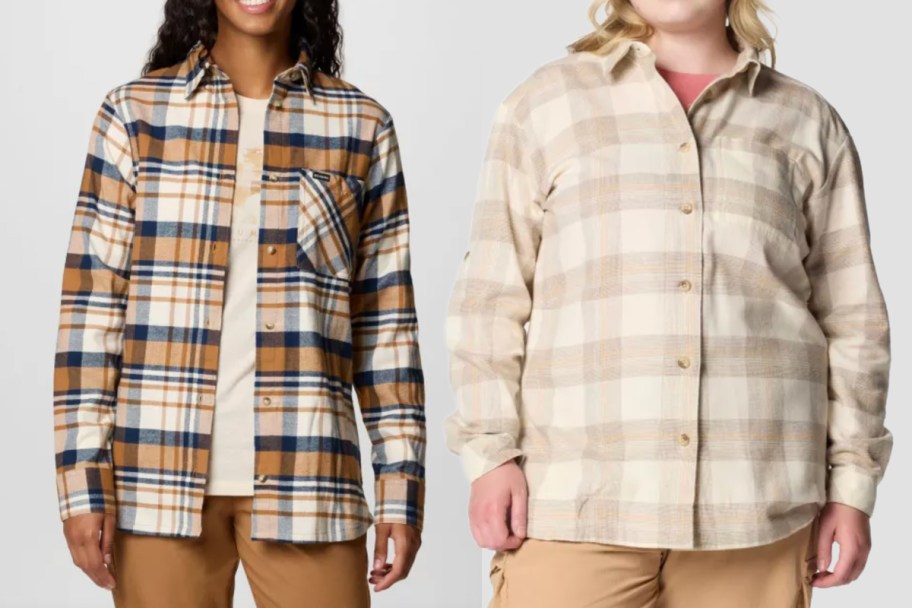 woman in brown and beige flannel woman in light beige flannel 