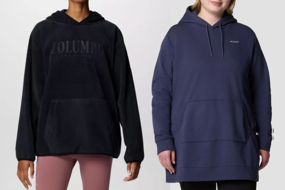 two women in black and navy hoodies