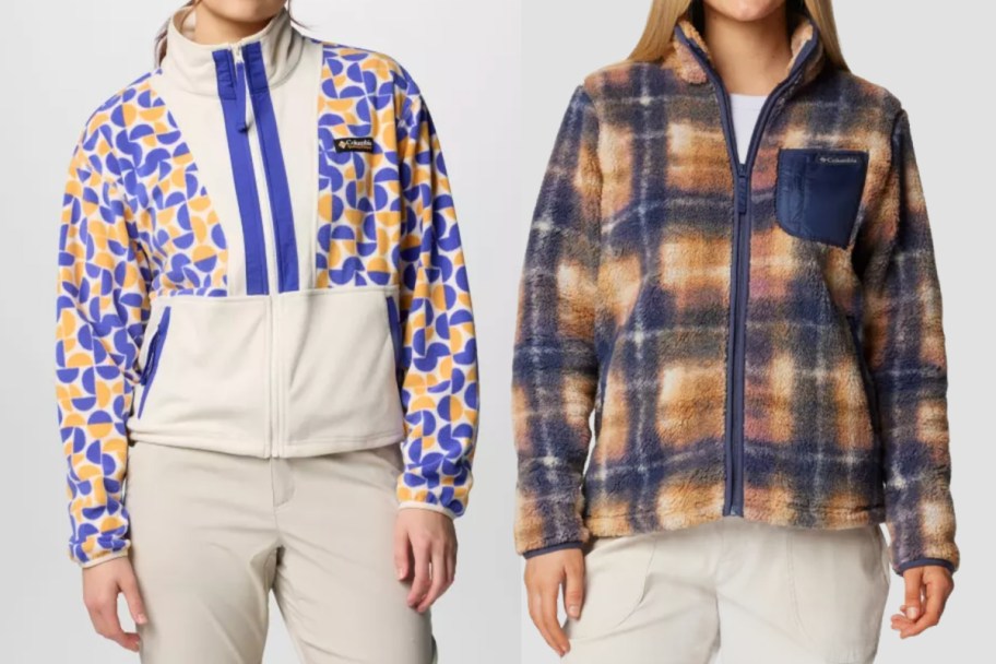 two women in colorful and plaid fleece jackets
