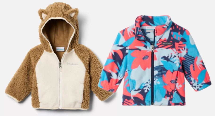 brown baby jacket with fox ears and pink and blue floral jacket