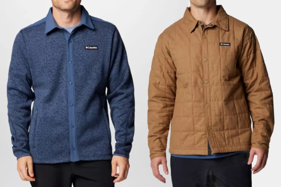 two men in navy and tan quilted shirt jackets