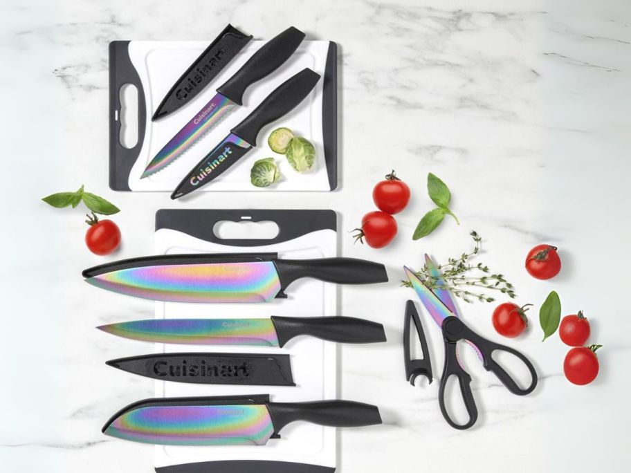 Cuisinart 14-Piece Cutlery & Cutting Board Set on counter with ingredients around it