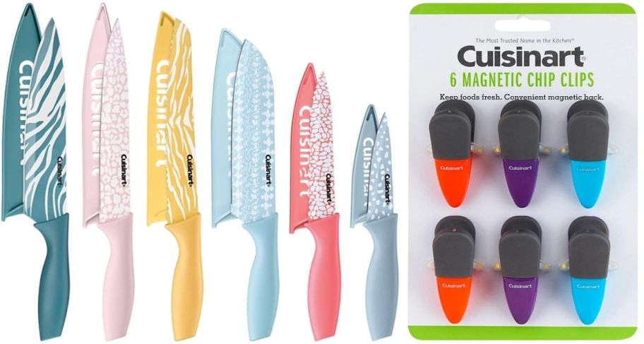 a 12 piece multicolored knife set and a 6 piece set of magnetic bag clips