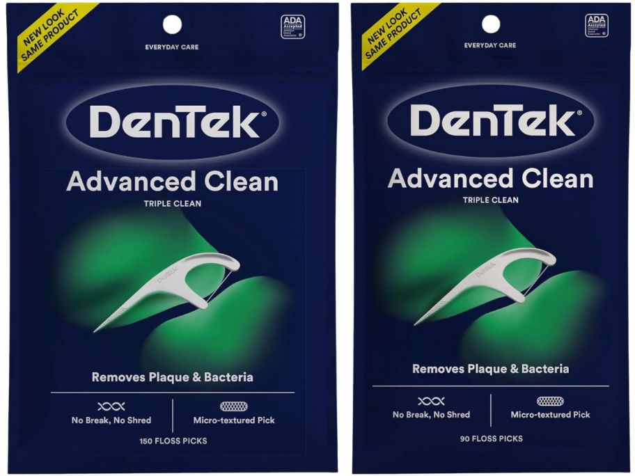 two packs of dentek flossers in 150 and 90 count quantities