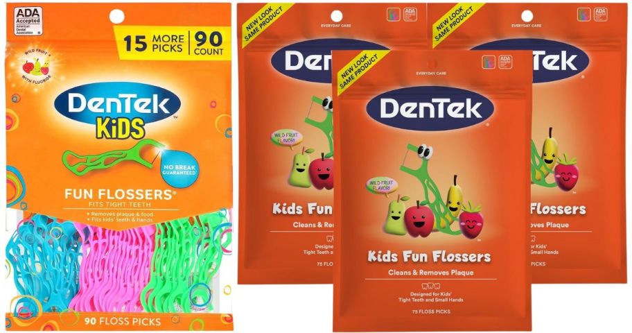 one pack of 90-count and three packs of kids dentek flossers in 75 count quantites