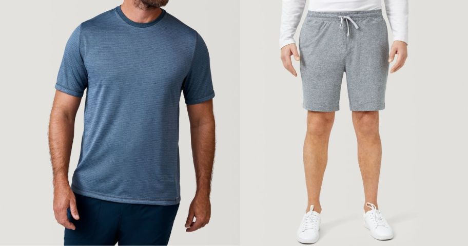 a man wearing a free country top and another man wearing free country shorts