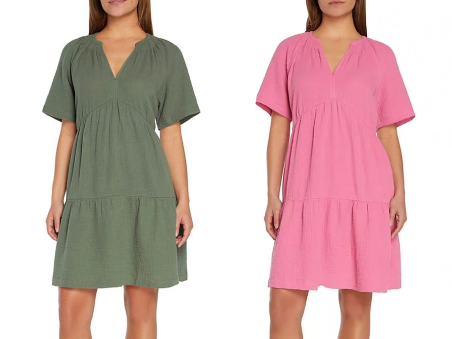 two women wearing green and pink dresses