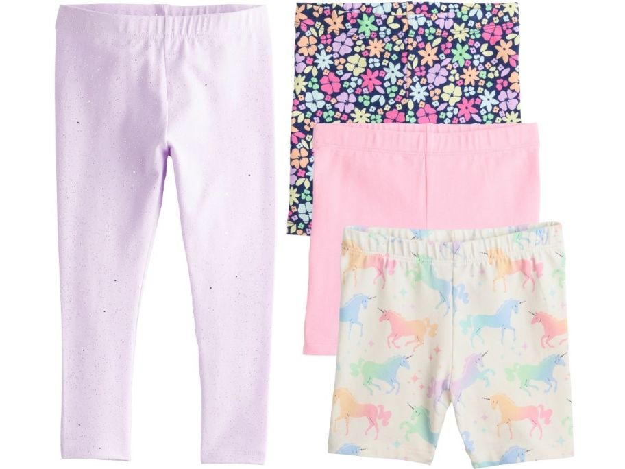 a pair of girls leggings with 3 pairs of girls bike shorts