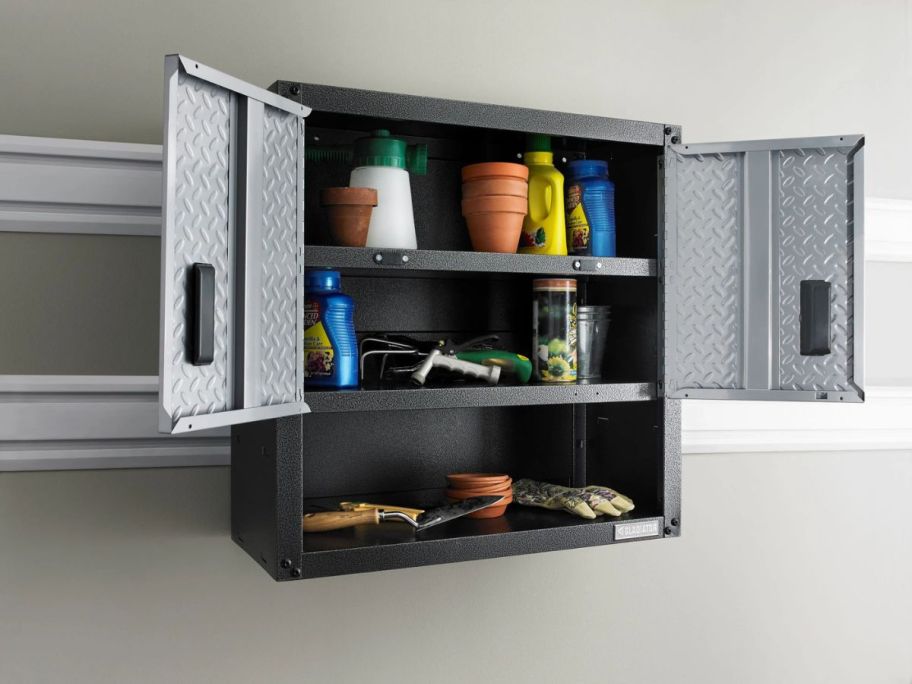 Gladiator 3/4 Door Wall GearBox 28" x 28" x 12" Wall-Mounted Steel Garage Cabinet on wall in garage