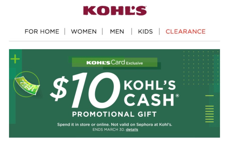 screenshot of kohl's cash inside kohl's email