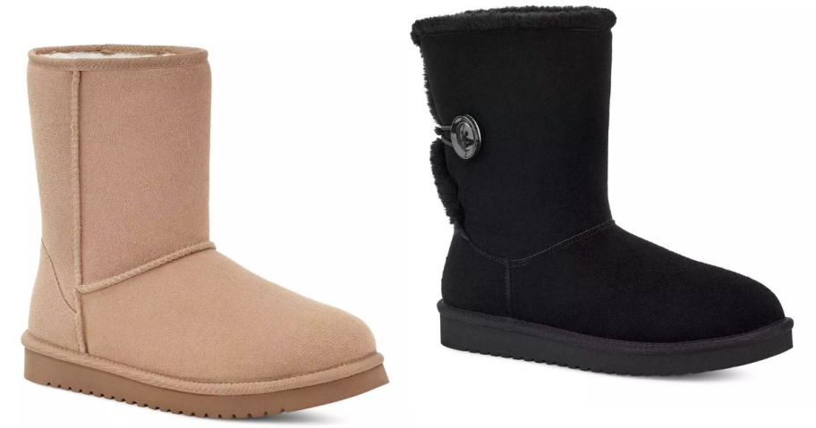 a beige and a black koolaburra by ugg boot stock images