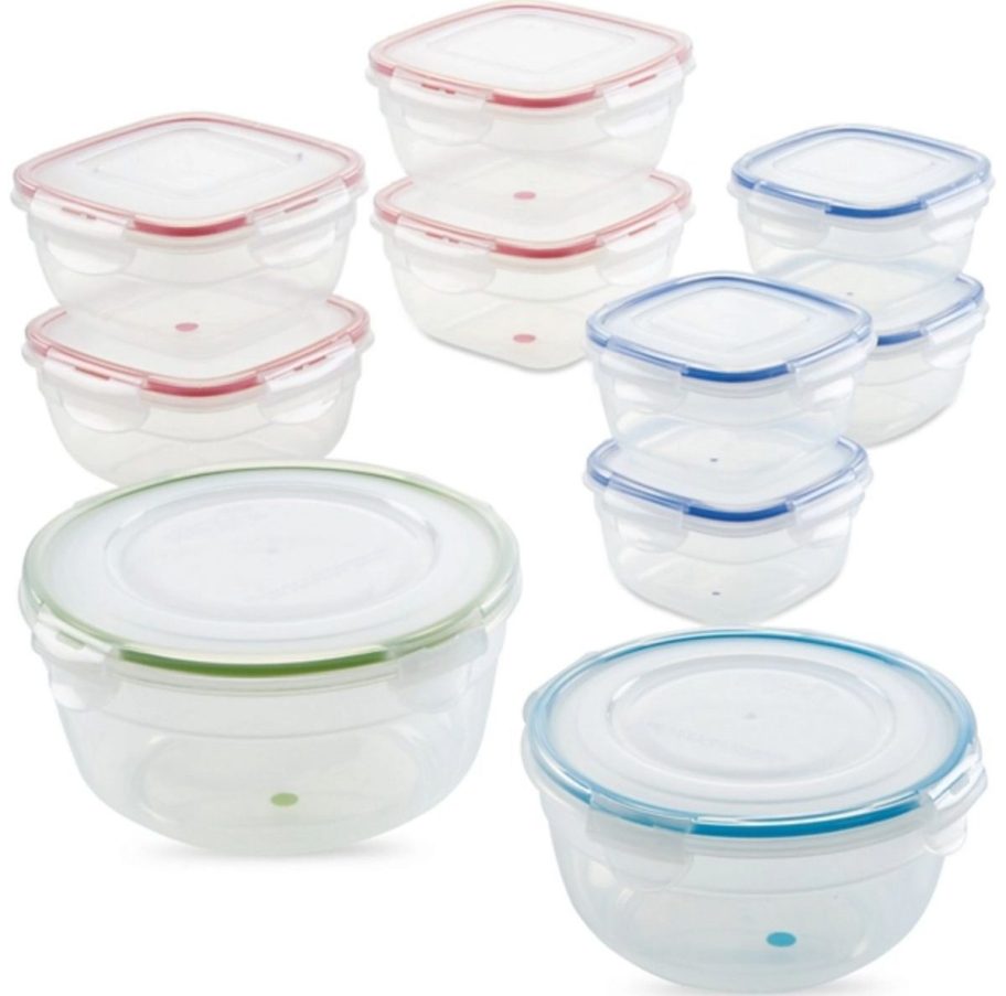 a 20 piece set of food storage containers clear with color coded gaskets