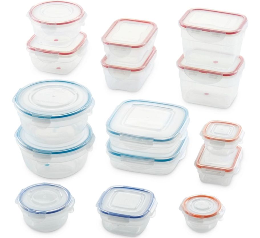 a 30 piece set of food storage containers clear with color coded gaskets