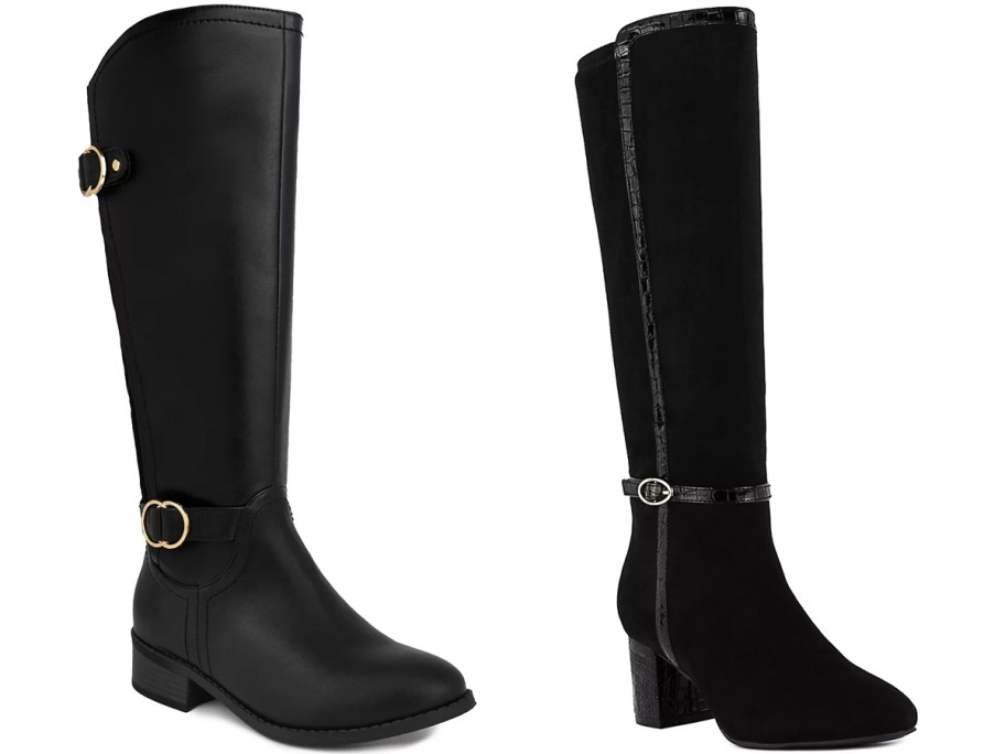 two pairs of high top black womens boots