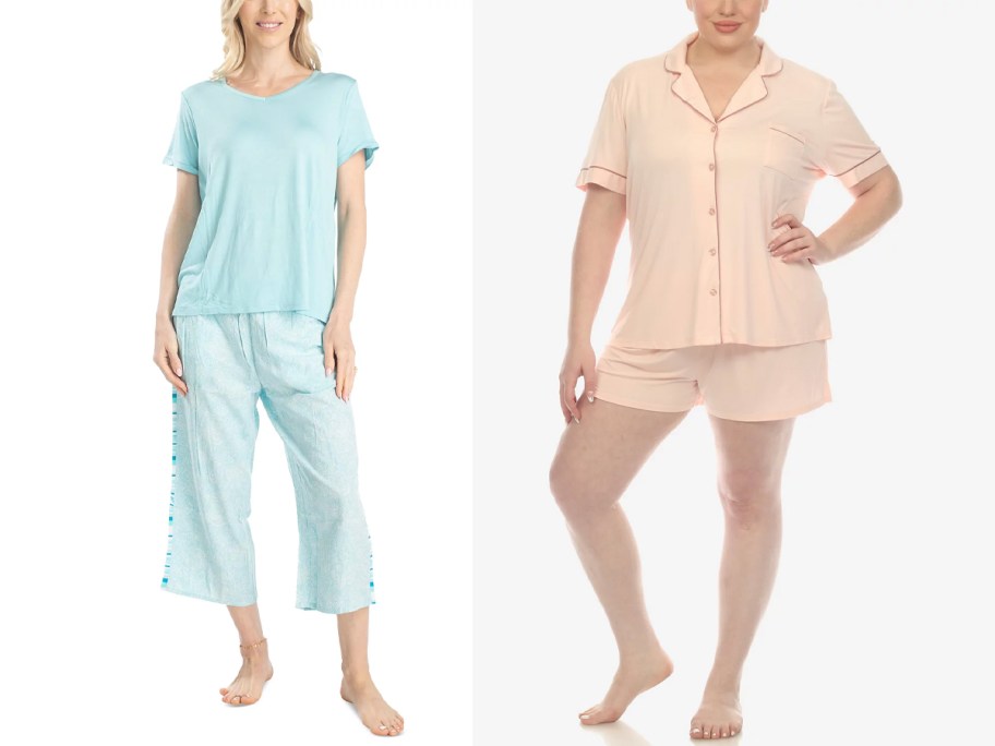 two women wearing blue and pink pajama sets 