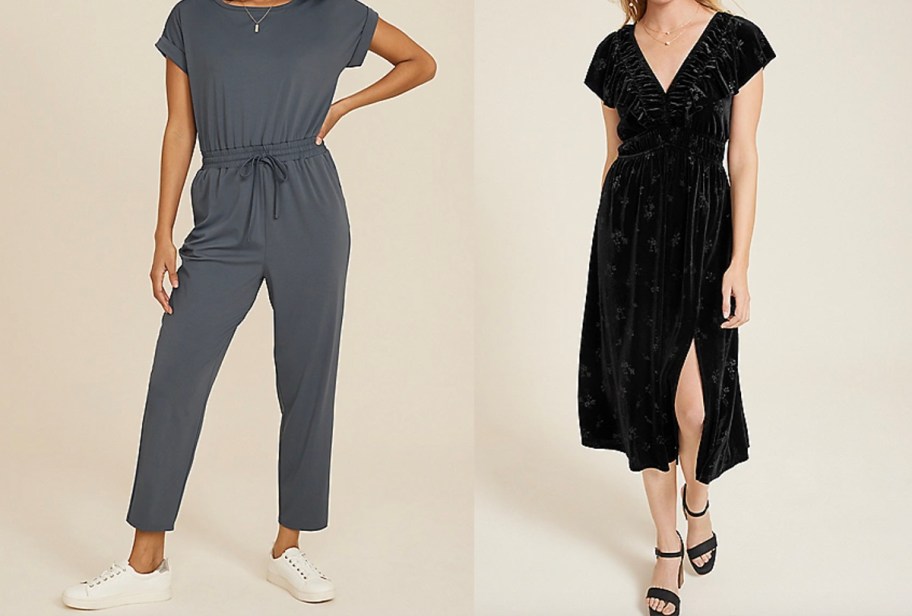 two women wearing gray jumpsuit and black dress