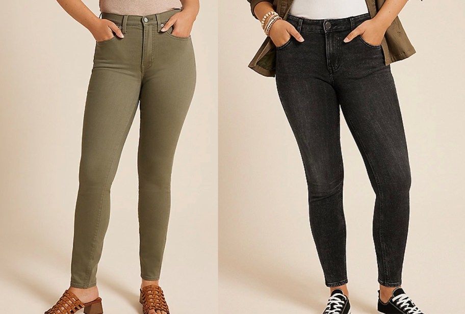 two women wearing green and black jeans