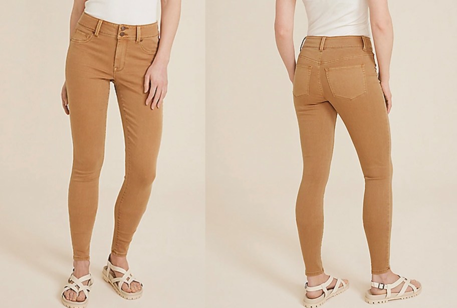 two women wearing orange pants 