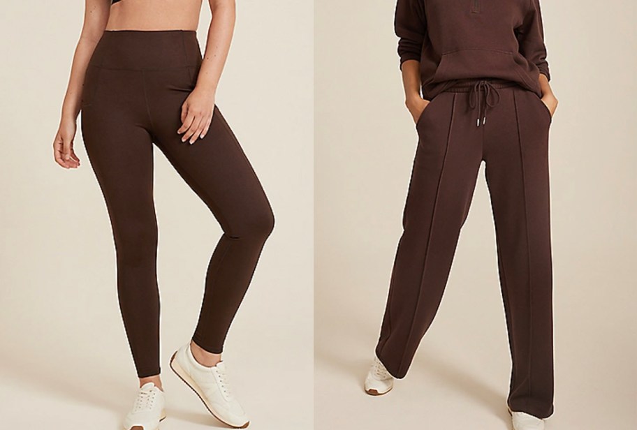two women wearing brown leggings and sweatpants