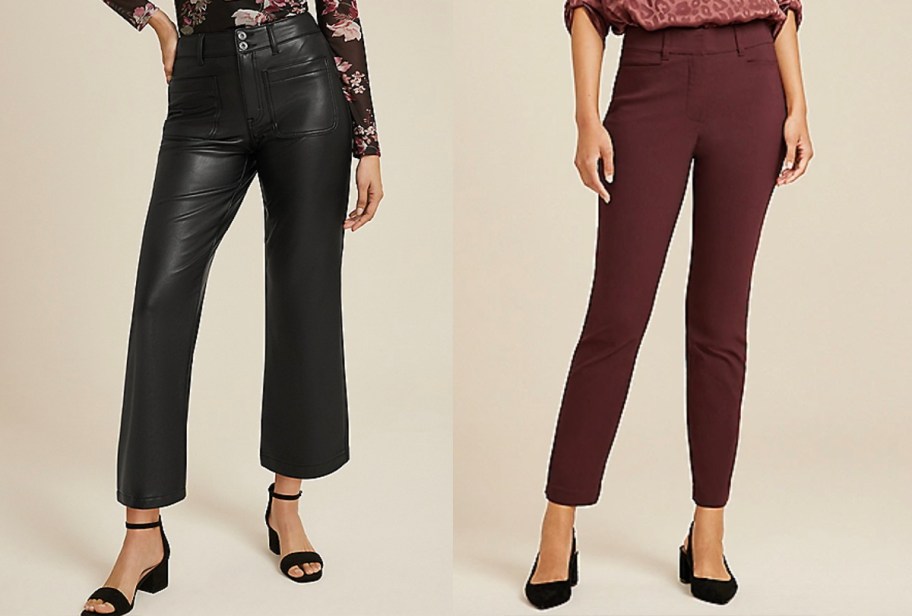 two women wearing black and red pants 