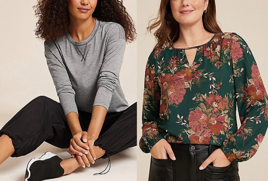 two women wearing gray and floral tops 