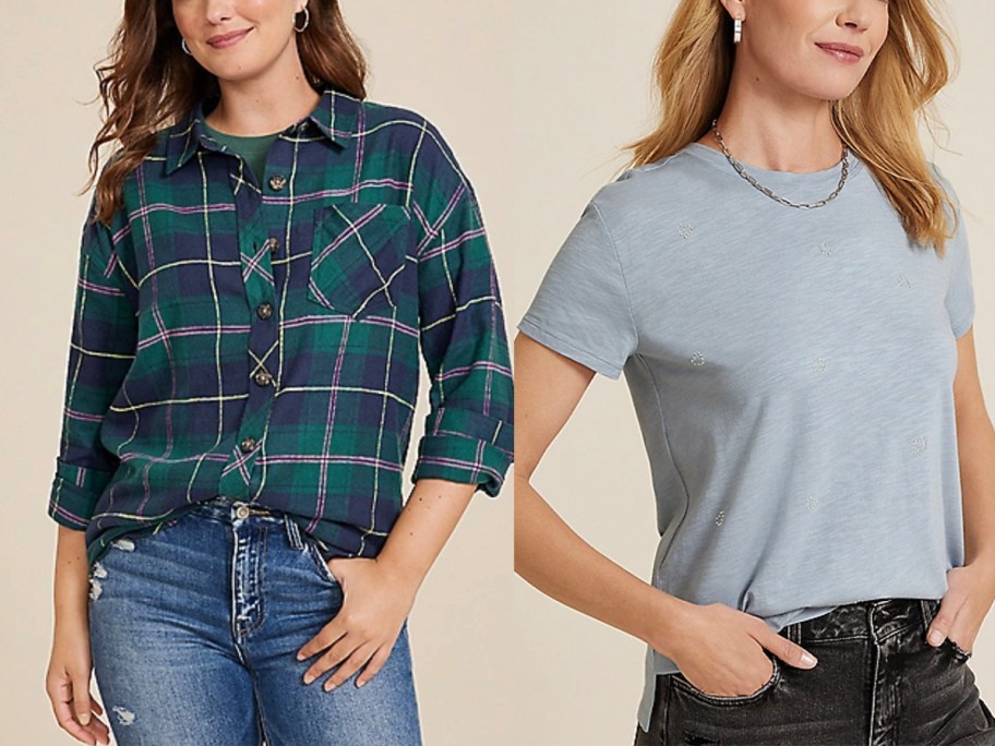 two women wearing flannel and gray tee