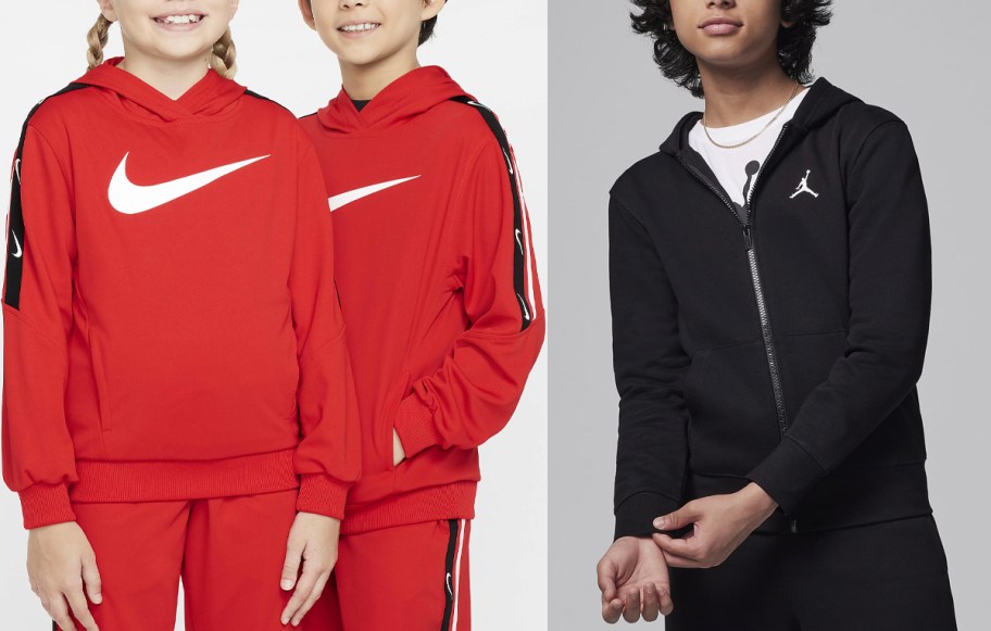 kids wearing red and black nike hoodies