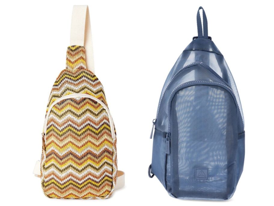 a multi colored jane and berry and a blue reebok sling bag