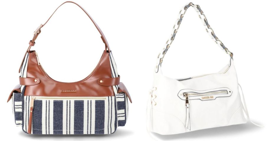 a blue and white striped fiorelli purse and a madden nyc white purse