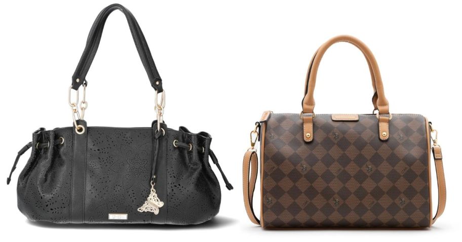 a black jessica simpson bag and a brown checkered polo bag