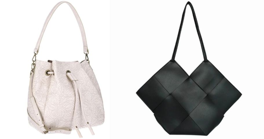 a white pioneer woman and a black jane and berry bag