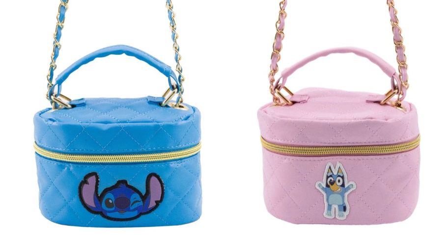 a blue stitch and a pink bluey purse