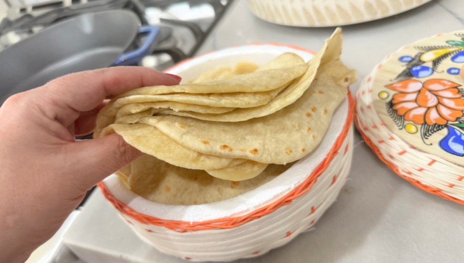 sourdough tortillas in a tortilla warmer 
