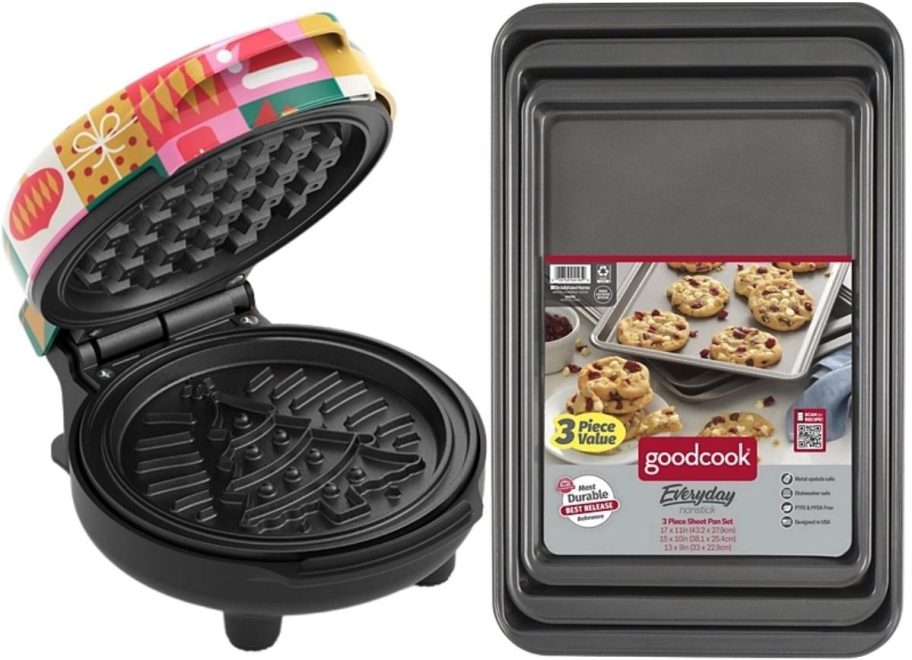 a mini waffle iron and a 3 piece set of cookie sheets.