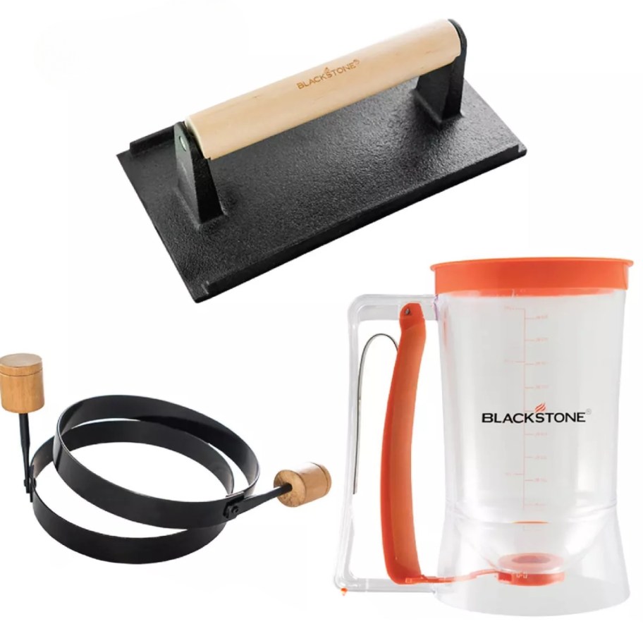 a Blackstone breakfast grill kit with batter dispenser, cast iron bacon press, and round egg rings