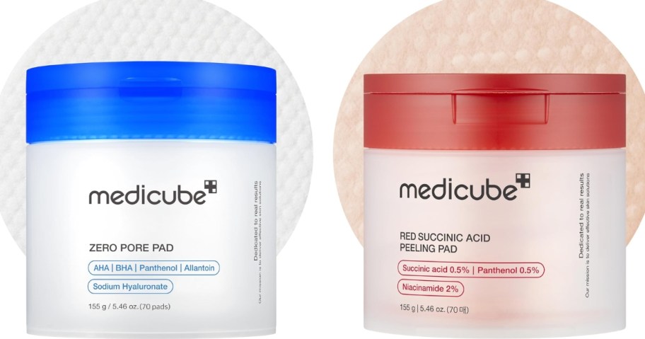 2 containers of Medicube pore pads with a pad behind each one