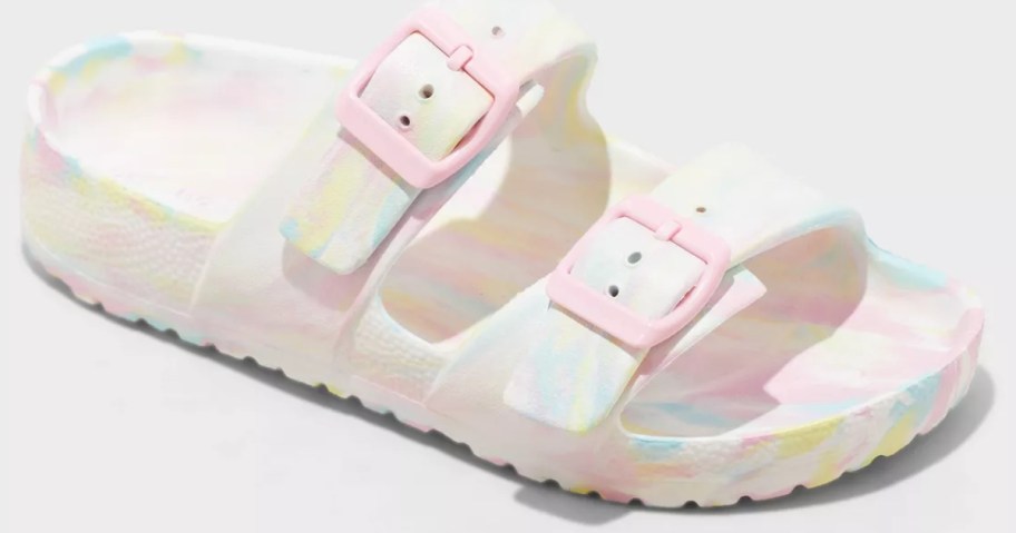 a kids white, pink, yellow, and blue double buckle footbed style sandal