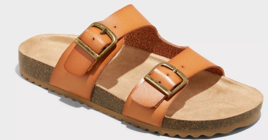 a kids tan double buckle footbed style sandal