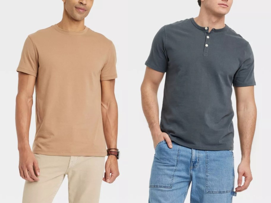 man wearing a tan tshirt and man wearing a grey henley tshirt