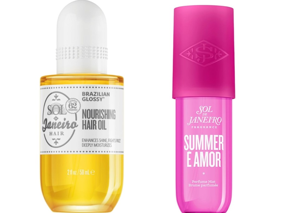a bottle of Sol de Janeiro hair oil and a body of Sol de Janeiro body mist